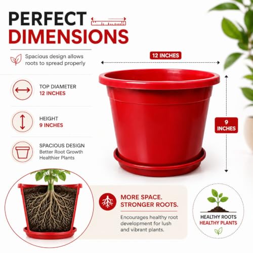 Image of 12 Inch Glossy Red Plastic Planter with Bottom Plate | Heavy Duty Flower Pot with Tray for Indoor Home Decor, Balcony, Living Room & Outdoor Garden (6 Pot, Red)