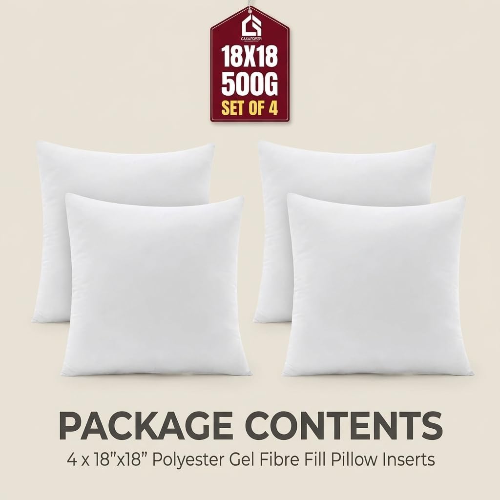 Throw Pillow Inserts (18"x18") | Set of 4 | Easy Maintenance Inserts for Better Comfort | Polyester Gel Fibre Fill | No Feather Pokes | Machine Washable in Delicate Cycle