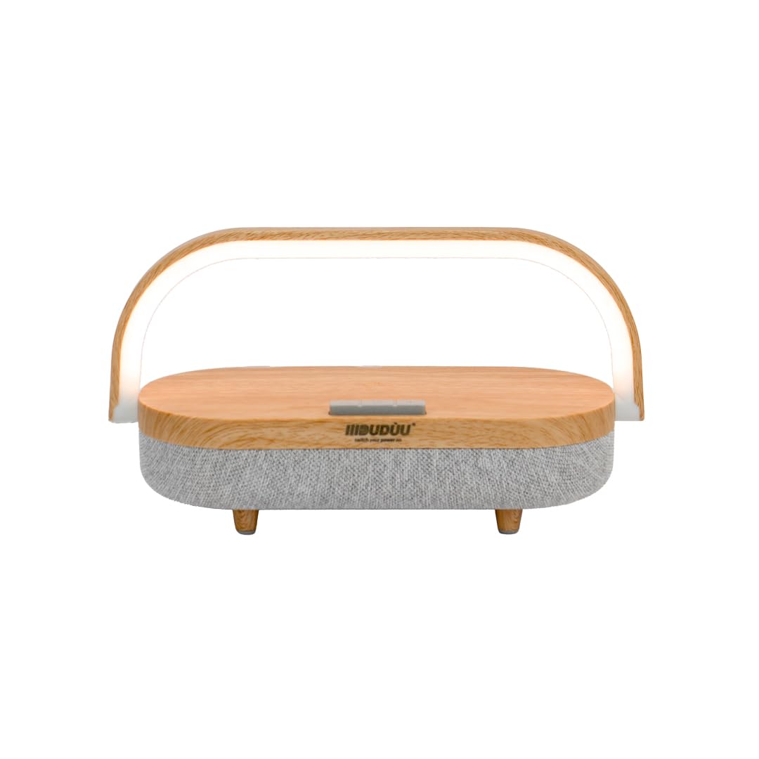Mood Lampada Multifunzione 4 in 1 con Speaker Bluetooth 5.0, Ricarica Wireless Qi 10W, Powerbank Integrato e Lampada LED Dimmerabile Touch, Supporto Smartphone USB-C (Rovere)