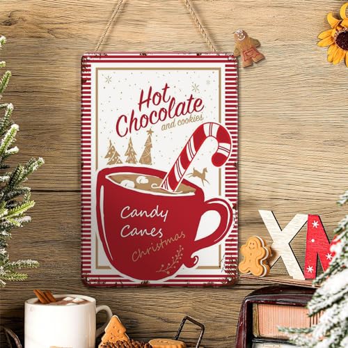 Cartel de metal con diseño retro de chocolate caliente y galletas, bastones de caramelo