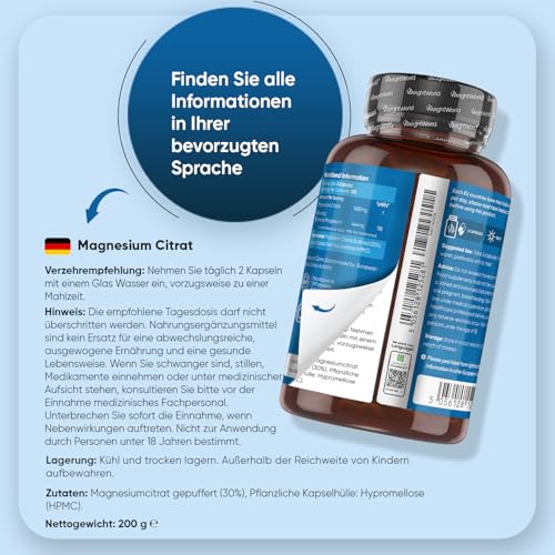 Magnesiumcitrat Kapseln gepuffert - 444mg Elementares Magnesium pro Portion - 240 vegane Kapseln - 4 Monate Vorrat Magnesium trägt zur Verringerung von Müdigkeit & Erschöpfung bei (EFSA) - WeightWorld – Bild 5