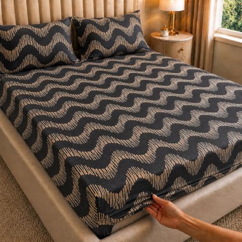 Image of Castiqa Cotton Feels All Over Elastic 400Tc Abstract Fitted Bedsheet Set Perfect Upto 10inch Mattress with 2 Matching Pillow Covers Size-18x28inch (Queen Size 60x78, Grey Zigzag)