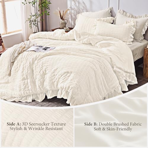 Image of JOLLYVOGUE Ivory King Comforter Set, 3 Pieces Seersucker Comforters King Size, Lightweight & Fluffy Bedding Sets King for All Season with 1 Ruffle Comforter and 2 Ruffle Pillowshams