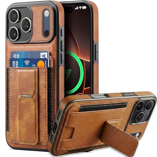 Coque iPhone 17 Pro Max en cuir marron avec béquille intégrée et fente carte