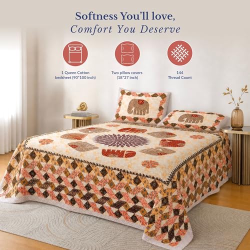 Image of Jaipur Weaves Jaipuri Double Bed Cotton Bedsheet Queen Size 90x100, 144 TC 100% Pure Cotton Bed Sheet with 2 Pillow Covers, Royal Elephants Traditional Print (Royal Elephants Orange)