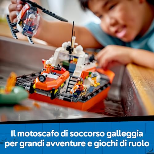 City Motoscafo di Soccorso ed Elicottero della Guardia Costiera Giocattolo - Set Veicoli di Emergenza - Modello di Nave Galleggiante, 5 Minifigure e un Cane - Regalo per Bambini da 7 Anni - 60504 - Lego - Immagine 3