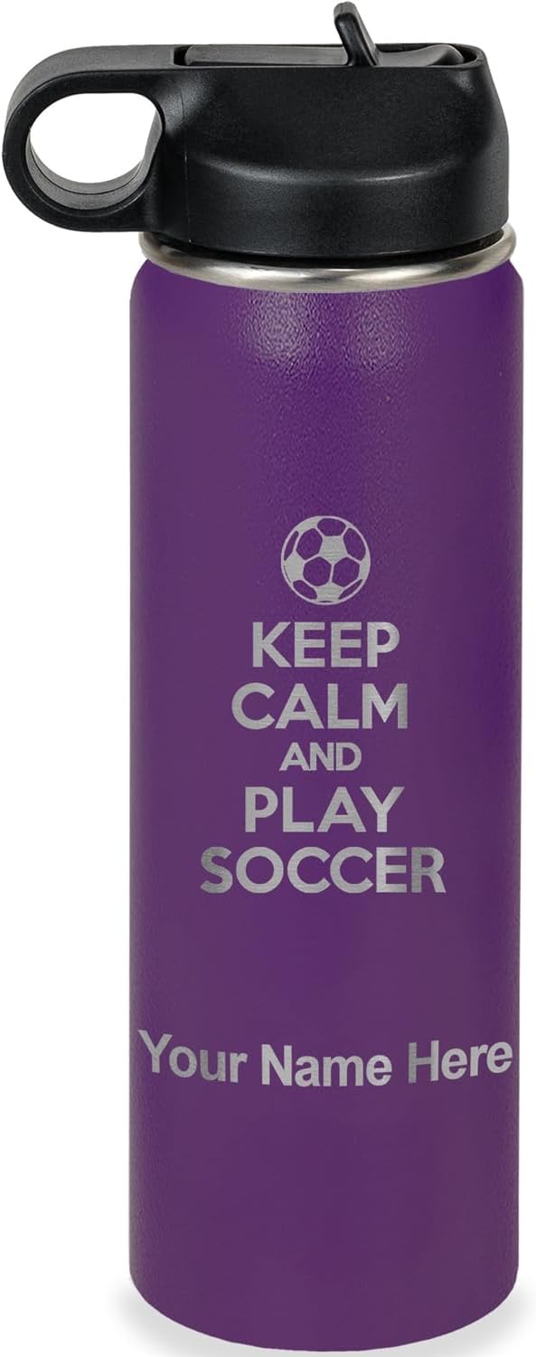 LaserGram Personalized Water Bottle, Keep Calm and Play Soccer, Stainless Steel Double Wall Vacuum Insulated with Flip Top Straw, Custom Engraved Gift (20oz / 590ml Dark Purple)