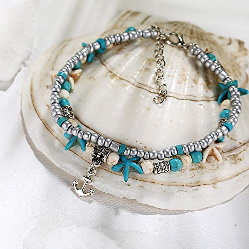 Image of Softones Blue Starfish Turtle Anklet Multilayer Charm Beads Sea Handmade Boho Anklet Foot Jewelry for Women