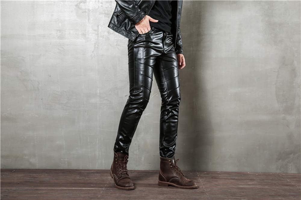 LinvMe Men Fitted PU Faux Leather Jeans Biker Pants Punk Style