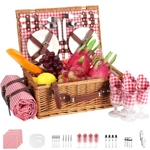 Neti Neti Wicker Picnic Basket for 4 with Insulated Cooler & Waterproof Blanket – Large Willow Picnic Hamper for Outdoor, Camping, Beach, Romantic Dates, Valentine’s Day