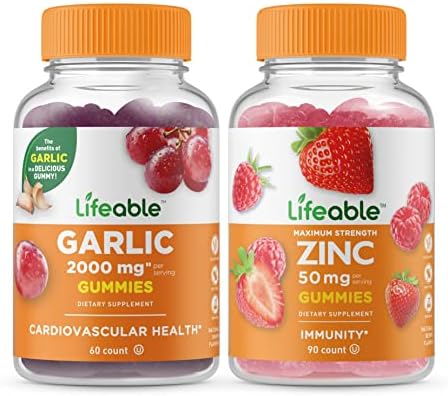 Lifeable Garlic 2000mg + Zinc 50mg, Gummies Bundle - Great Tasting, Vitamin Supplement, Gluten Free, GMO Free, Chewable Gummy