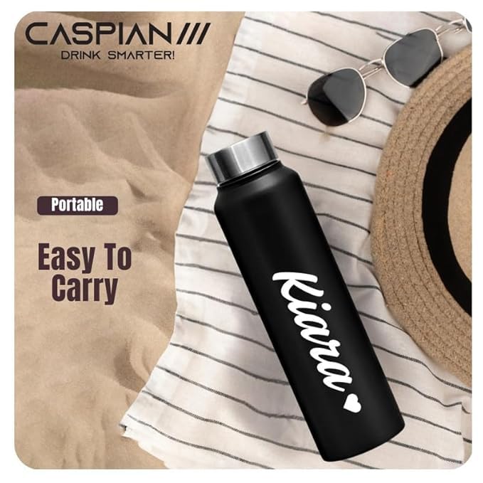 Image of CASPIAN / / / Asta Customised Stainless Steel Water Bottle 1L, Religious Symbol Print with Name - Spiritual Personalised Bottle for Temple, Office, Yoga & Corporate Gifting (Black)