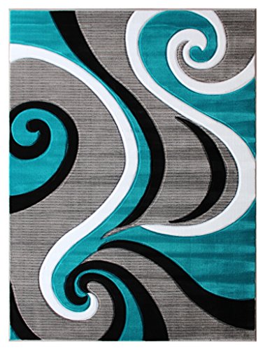 Masada Rugs, Sophia Collection Hand Carved Area Rug Modern Contemporary Turquoise White Grey Black (8 Feet X 10 Feet) #TOP1