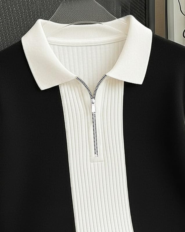 Image of AUSK Men's Textured Vertical Striped Knit Polo T-Shirt | Half Sleeve Zipper Neck Self-Design Casual Tee | Mens Tshirts