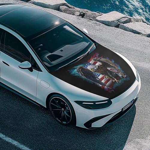 Image of Car Hood Cover Car Hood Wrap Blankets Stretchable Vehicles Banner Eagle and American Flag Print Auto Decorative Accessories for Compact Sedans SUV Trucks (59x39 Inch)