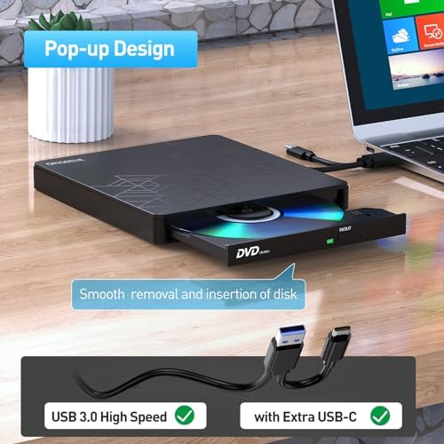 ORIGBELIE External CD DVD Drive, CD/DVD ROM +/-RW Adapter with USB Ports - 2