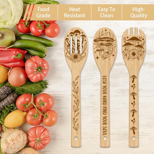 Cadeau pour maman : ensemble de cuillères en bois gravées de champignons pour la cuisine
