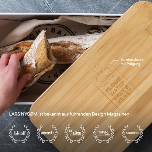 Foto von LARS NYSØM Brotkasten I Brotbox aus Metall mit Brotsack aus Leinen für langanhaltende Frische I Brotdose mit hochwertigem Bambusdeckel verwendbar als Schneidebrett I 34x18,5x13,5cm (Pure White)