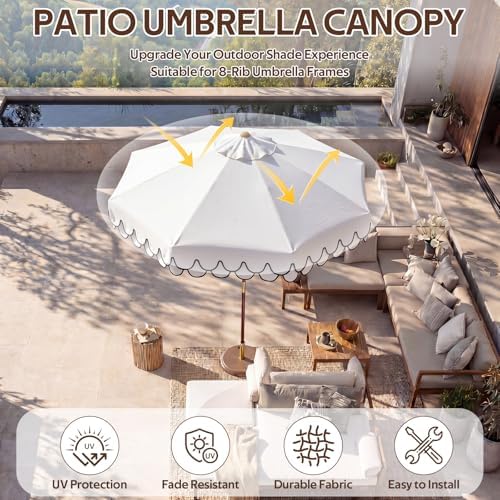 Klyyo Clyro 9 ft Double Layer Scalloped Patio Umbrella Replacement Canopy Outdoor Boho Midcentury 8 Ribs Market Umbrella Top Cover UV Protection for Patio Beach, Canopy Only(White, Black) - 2
