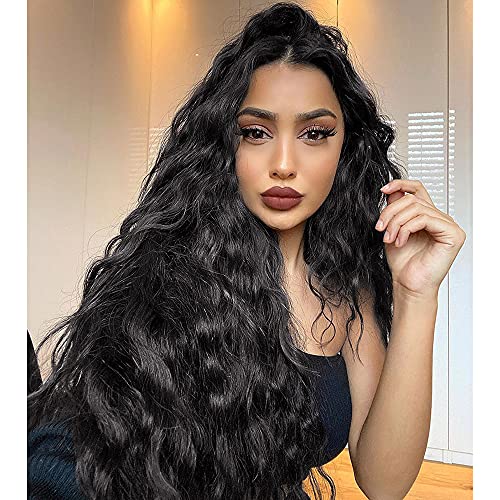 Nnzes  Lace Front with 1.5"x4" Simulated Scalp Wig Black Long Curly Wavy Wigs for Women Synthetic Middle Part Natural Hairline Heat Resistant Replacement Hair
