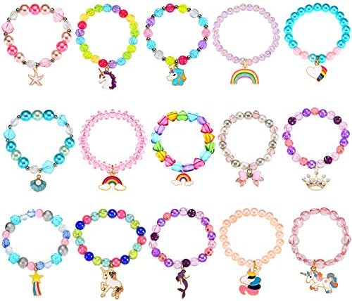 15 Pieces Colorful Unicorn Bracelets Rainbow Beaded Bracelets Heart Bow Beaded Bracelet for Girls Boys Kids Toddler Birthday Holiday Party Favors (Romantic Style)