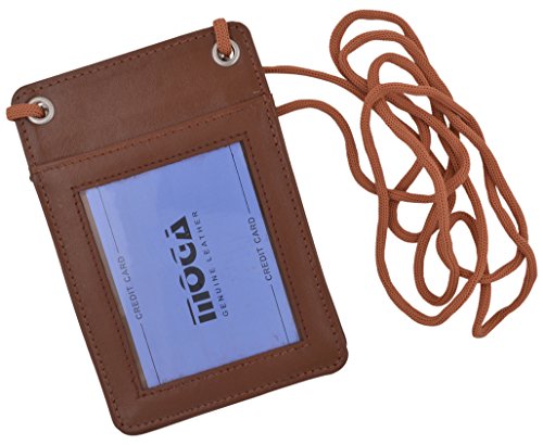 Moga Genuine Leather Credit Card Holder Neck-Holder Business ID Badge Neck Strap (Tan)