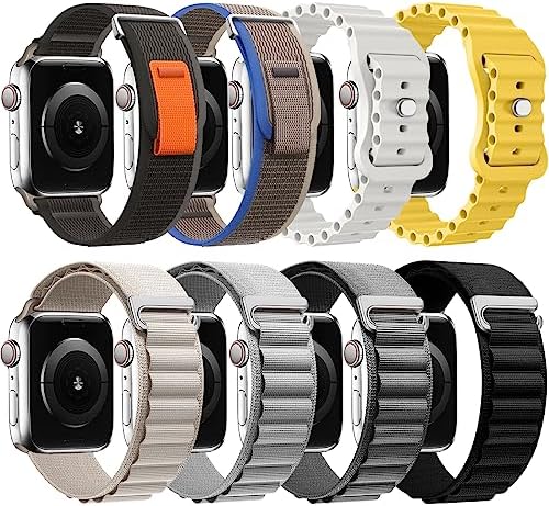 8 Pack Bands – Alpine Loop+Trail Loop+Ocean Band Compatible with Apple Watch Band 49mm 45mm 44mm 42mm for Men Women, Adjustable Sport Strap for iWatch Ultra Series 8/7/6/5/4/3/2/1/SE