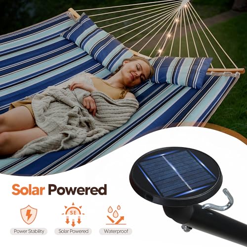 Image of SUNCREAT Double Hammock with 12 ft Stand, Solar Powered Lights, Blue White