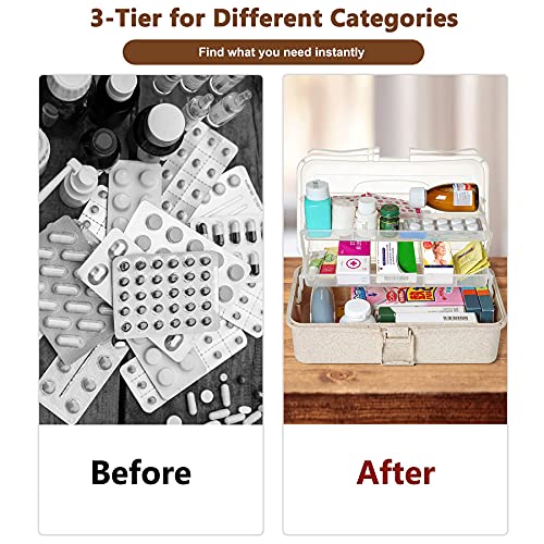 Image of 3-Tier First Aid Box, Portable Medicine Storage with Handle, Emergency Family Medical Organizer Container for Car, Home, School, Travel, Camping, Hiking