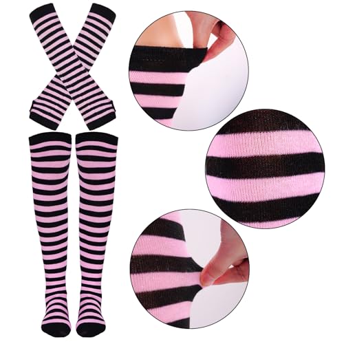 Image of Tongcloud Women's Striped Knee High Socks, Over Knee Thigh High Socks, Arm Warmer and Fingerless Gloves Set