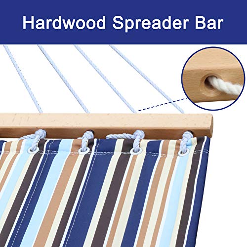 Prime Garden Double Quilted Fabric Hammock With Pillow, Heavy Duty Hammock With Hardwood Spreader Bars, 2 People Hammock 450 Pound Capacity For Patio Garden Yard, Blue Brown Stripe #TOP3