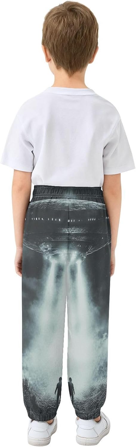 Boy Sweatpants UFO Alien Spaceship Joggers Casual Athletic Pants Kids Elastic Waist Cuffed with Pockets