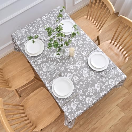 Dehaus® Wipe Clean Table Cloth - Grey Floral Bloom - Wipeable PVC Oilcloth Table Cover - Rectangular Plastic Vinyl Tablecloth - Water Resistant Easy Clean - Dining Protector (140 x 200cm)