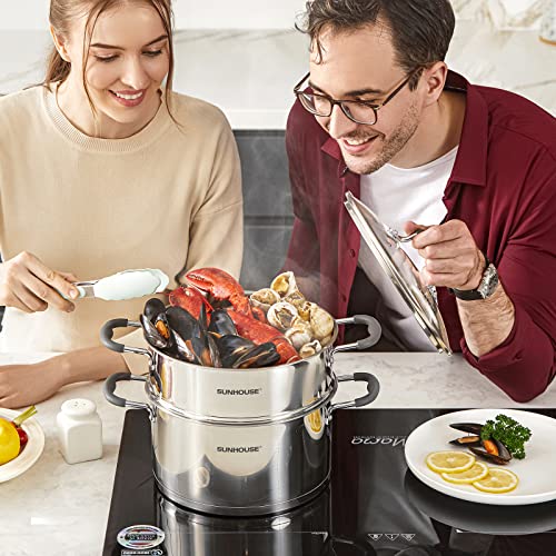 SUNHOUSE - 5.5 Quarts Multipurpose Stock Pot and Steamer Pot with PFOA-free, 18/10 Stainless Steel Steam Pot for Cooking Vegetables, Seafood - Cooking Pot with Lid Suitable for Soups, Stews and Pasta