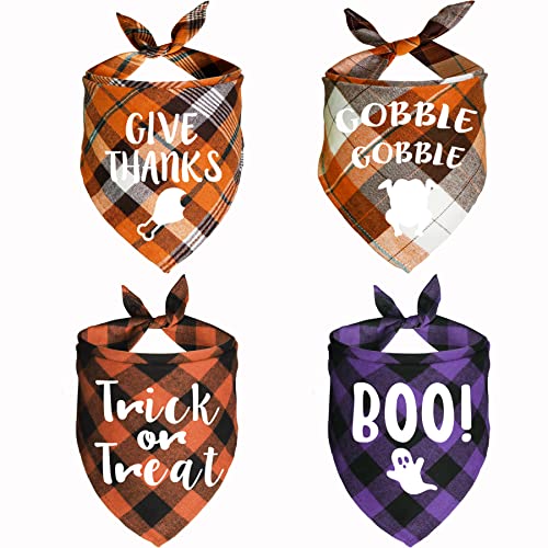 JOTFA 4 Pack Halloween Thanksgiving Day Dog Bandanas, Holiday Fall Plaid Dog Puppy Bandana Scarf Costume for Small Medium Large Dogs Pets