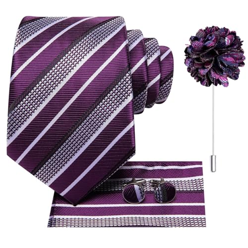 Image of Purple White Tie and Lapel Pin 4PCS Set Silk Striped Formal Necktie for Men Pocket Square Cufflinks Wedding Party