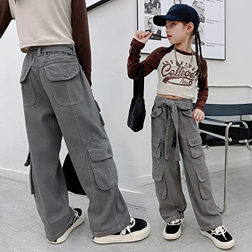 Image of Rolanko Girls Cargo Pants Baggy Y2K Cargo Trousers Jeans Wide Leg Pants with Multi Pockets 4-15 Years