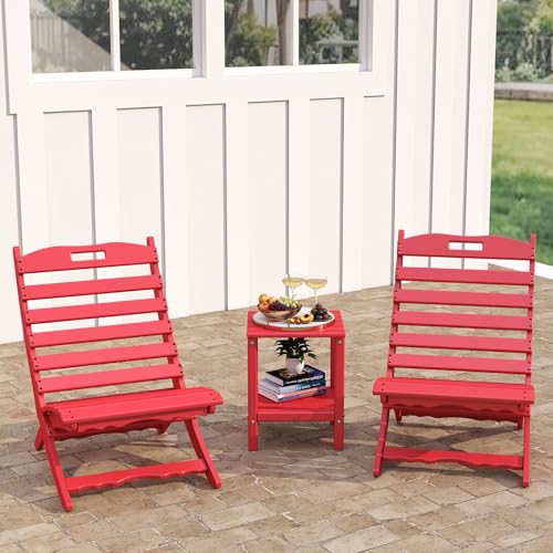 GREENVINES 3 Pieces Patio Furniture Set | Outdoor Bistro Sets for 2 | HDPE Plastic | Folding-Adirondack-Chairs-with-Side-Table | All Weather | Xavier