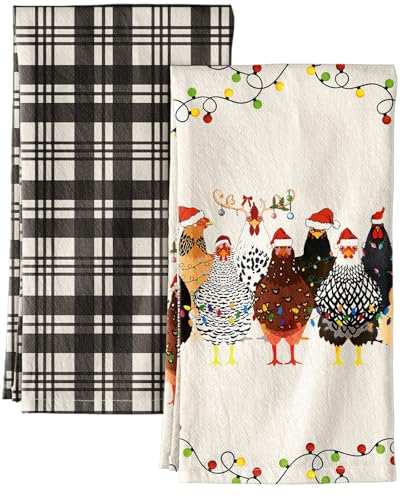Miss Adola Flour Sack Christmas Kitchen Towels - Christmas Chicken Floursack Kitchen Towels 18x26 Inch 2pcs Decorative Xmas Theme Dish Towel for Holiday Cute Designs with Rooster for Gifting