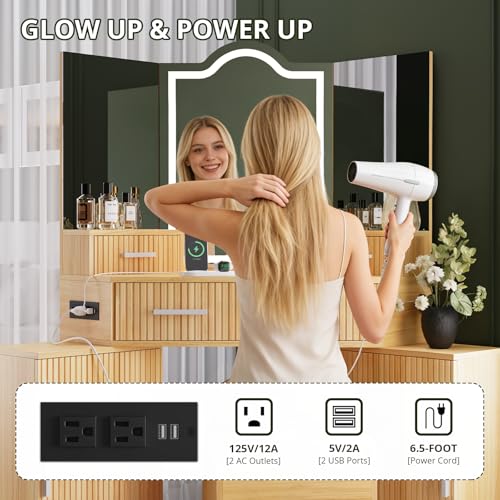 Image of FURSUN Fluted Makeup Vanity Desk with HD 3 Way Mirror and Lights, 51 inch Large Corner Vanity Table with Charging Station, Dressing Table with 4 Drawers & 2 Storage Cabinets for Bedroom, Natural Oak