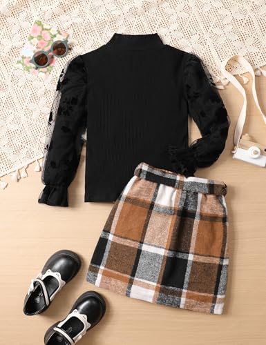 Image of Toddler Girl Clothes Girls Outfits Flare-lace Sleeve Top and Plaid Skirt Dress Fall Winter 2Pcs Girls Clothes 5-12T