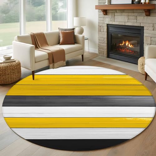 Round Rugs 5ft, Yellow White Wood Non-Slip Area Rugs for