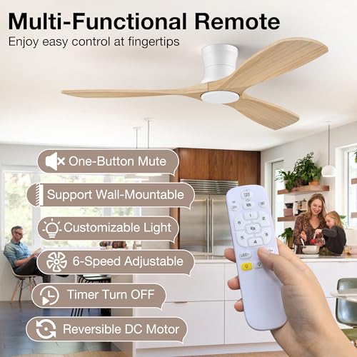 Image of 52 inch Low Profile Wood Ceiling Fans with Lights Remote,Flush Mount,Modern