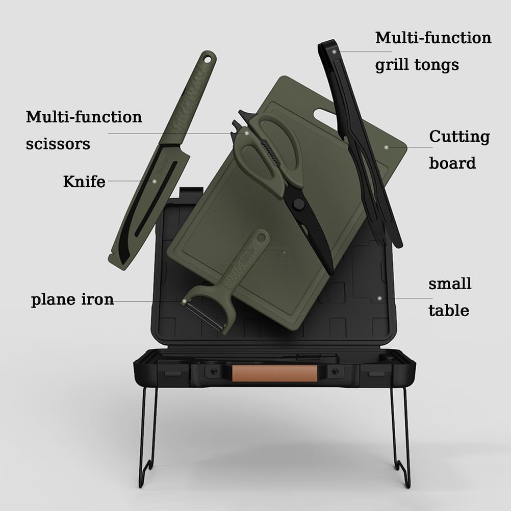 Tragbares Camping-Küchenutensilien-Set, multifunktionale Schere, Küchenmesser, Clip, Schneidebrett Outdoor-Kochgeschirr-Kochset,Schwarz