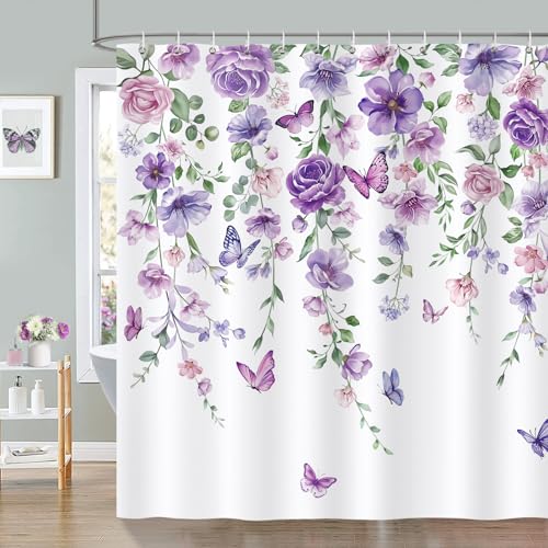 Bonhause Rideau de Douche Fleurs Feuilles de Violet Papillon Rideau de Bain Tissu Polyester Anti...