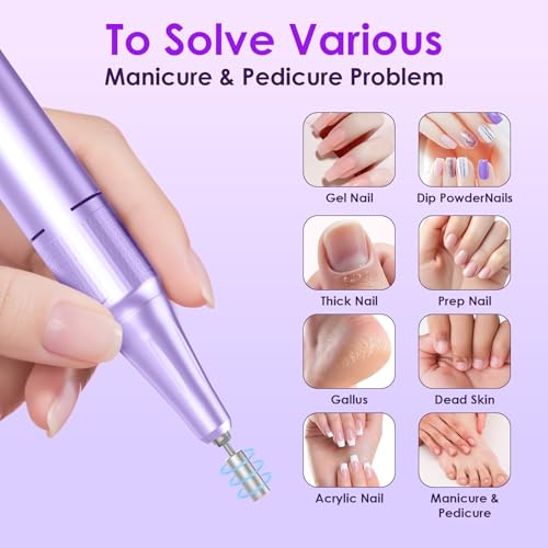 Image of Professional Electric Nail Drill 45000RPM Cordless Nail File | Portable & Rechargeable, 11 Drill Bits, for Shaping, Polishing & Removing Gel Nails for Salon Home (Purple)