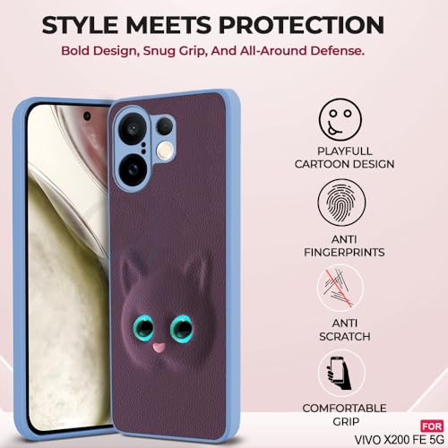 Image of AESTMO Back Case Cover for Vivo X200 FE 5GBack Cover | 3D Cat Cover | Leather Finish | Full Body Protection | Camera Protection Back Cover for Vivo X200 FE 5G (Purple)