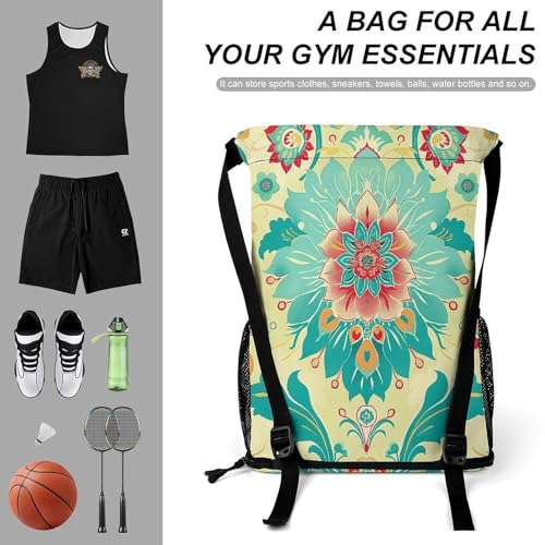 Drawstring Gym Backpack with Shoe Compartment And Wet Pocket, 28L Lightweight Waterproof Cartoon Floral Pattern Sports Backpack for Workout Swim Beach Travel String Bag for Men Women3