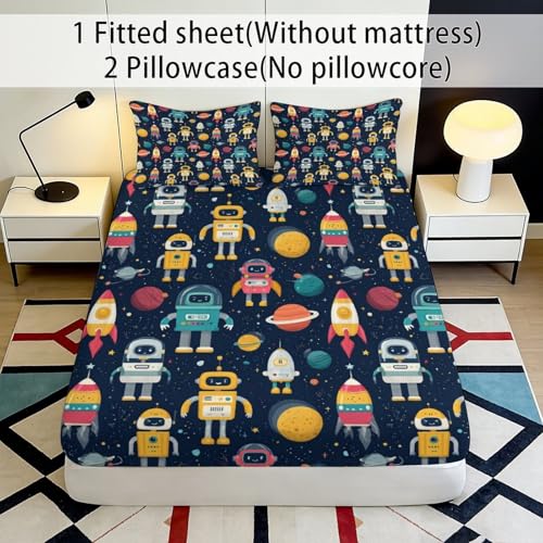 Drap-housse en microfibre douce motif robot spatial 3D avec bonnet 25cm