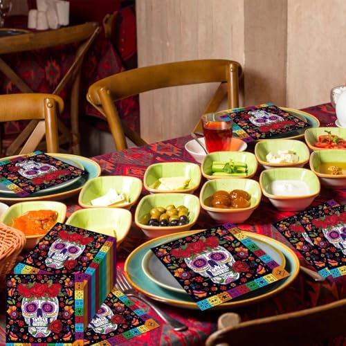 Servilletas de papel con diseño de calaveras mexicanas para decoración de almuerzos de Halloween 3